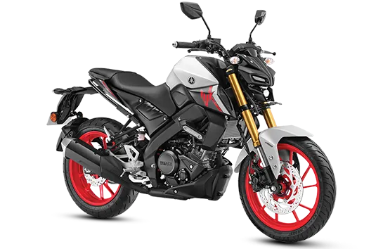 Yamaha MT-15 V2, front three quarter view, Ice Fluo Vermillion
