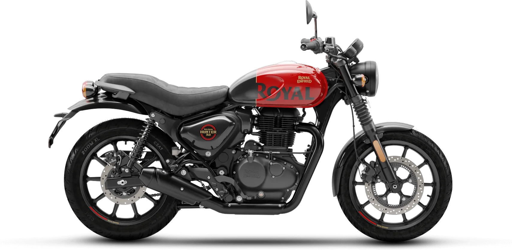 Royal Enfield Hunter 350, front three quarter view, Rebel Red