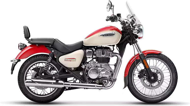 Royal Enfield Meteor 350, front three quarter view, Aurora Red