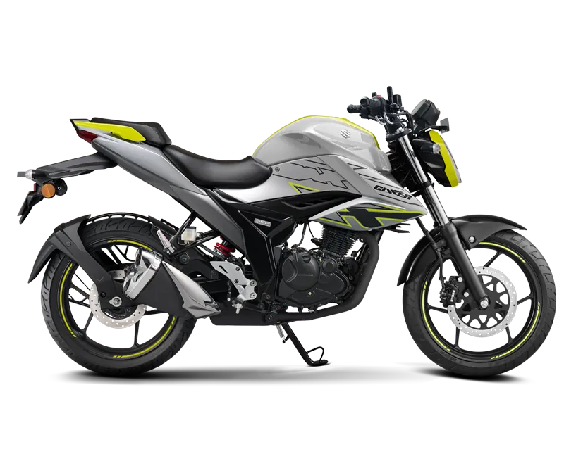Suzuki Gixxer, front three quarter view, LEMON/SILVER